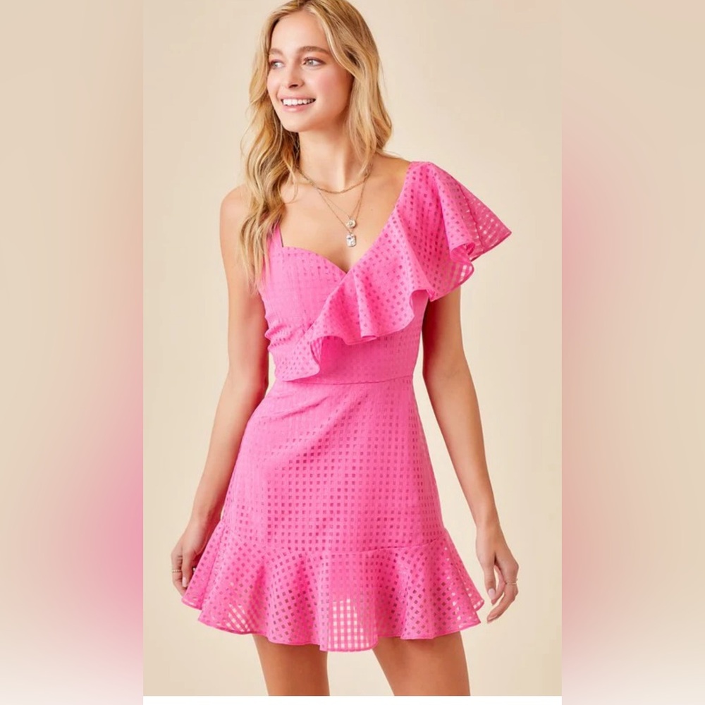 Pink Asymmetrical Ruffled One-Shoulder Sundress